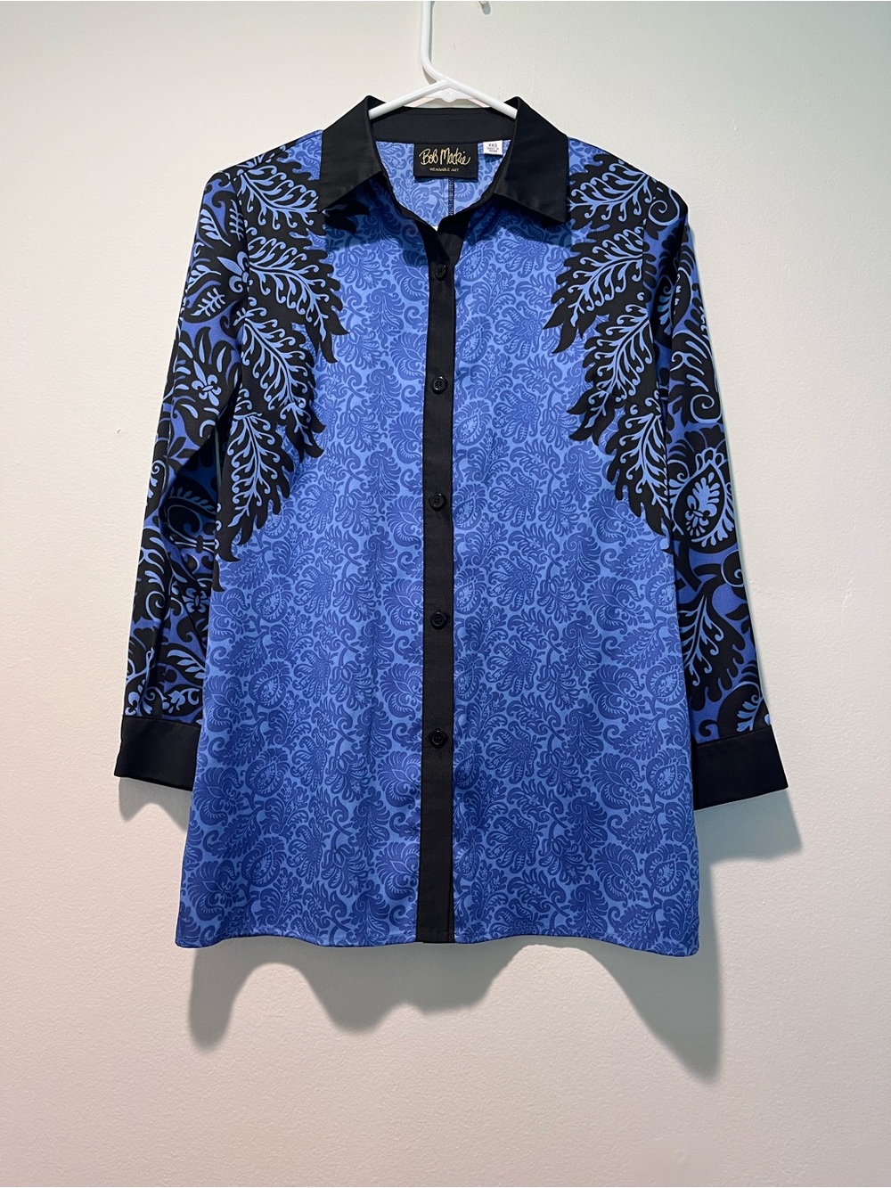Bob Mackie Blue and Black Decorative Print Button-Up Shirt